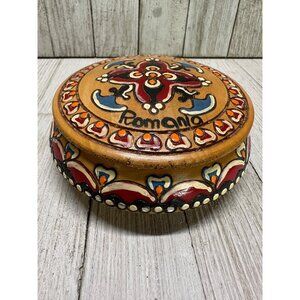 Vtg Carved Wooden Trinket Bowl with Lid Painted Romania 4" Diameter Souvenir